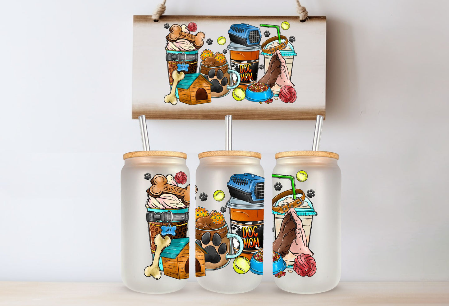 Tasse en vitre 16 oz givré / 16 oz frosted cup - DOG MOM